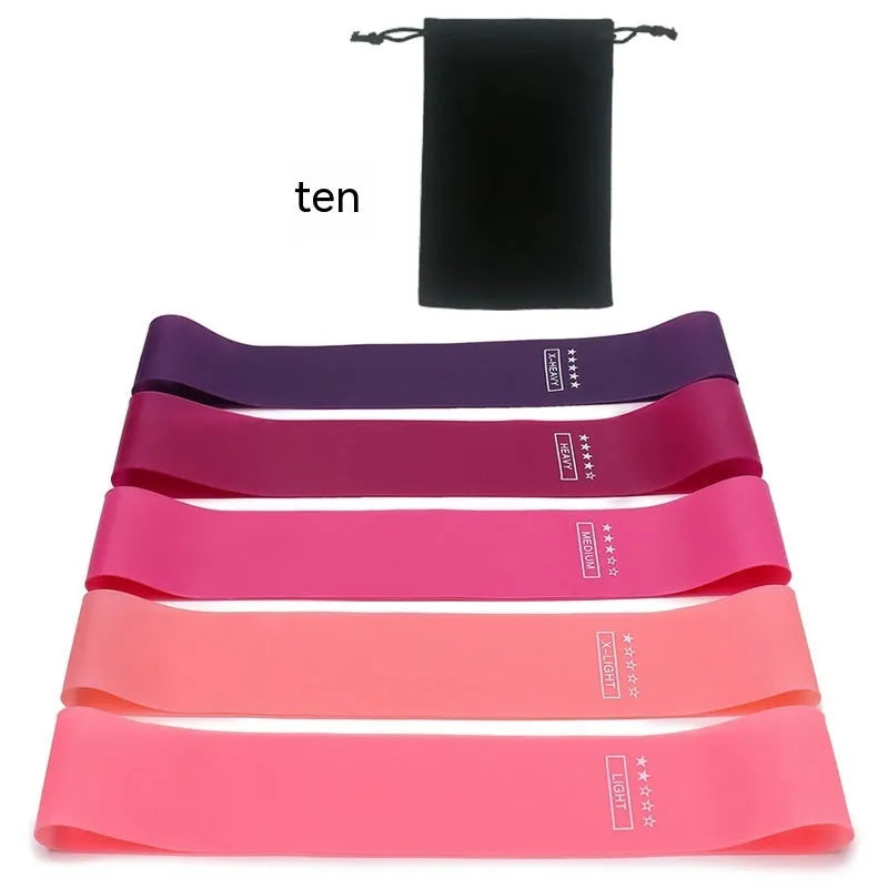 Set of five colour-coded yoga resistance straps with force marks and five plain TPE straps.