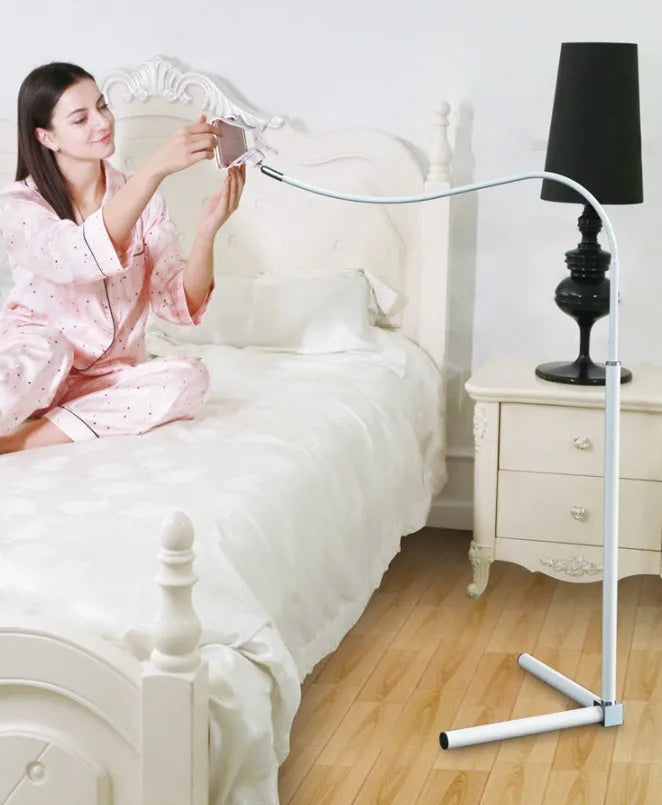 Black and white mobile phone bracket for bed with universal folding clamp on overhead support shelf