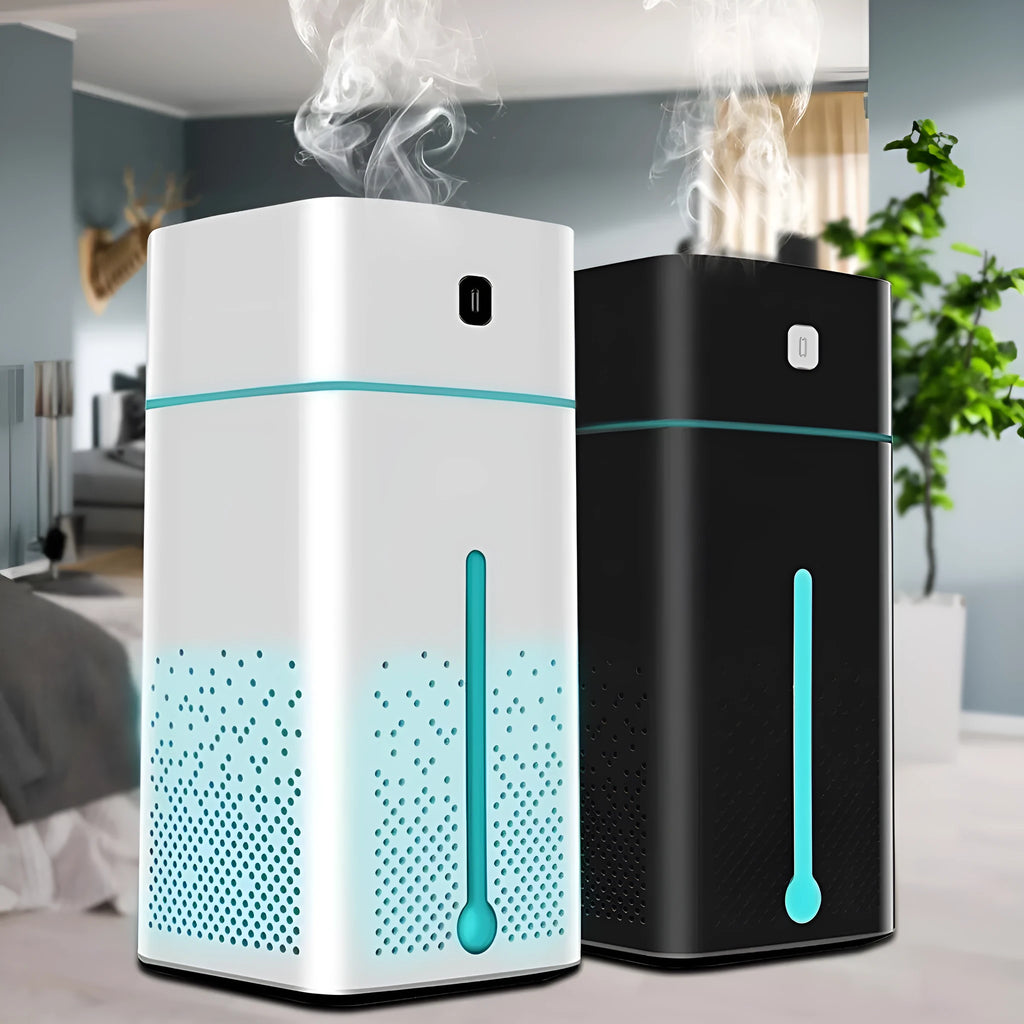 Black or white desktop humidifier measuring 103mm by 103mm by 218mm with USB cable