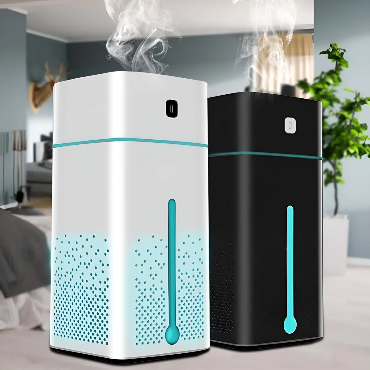 Black or white desktop humidifier measuring 103mm by 103mm by 218mm with USB cable