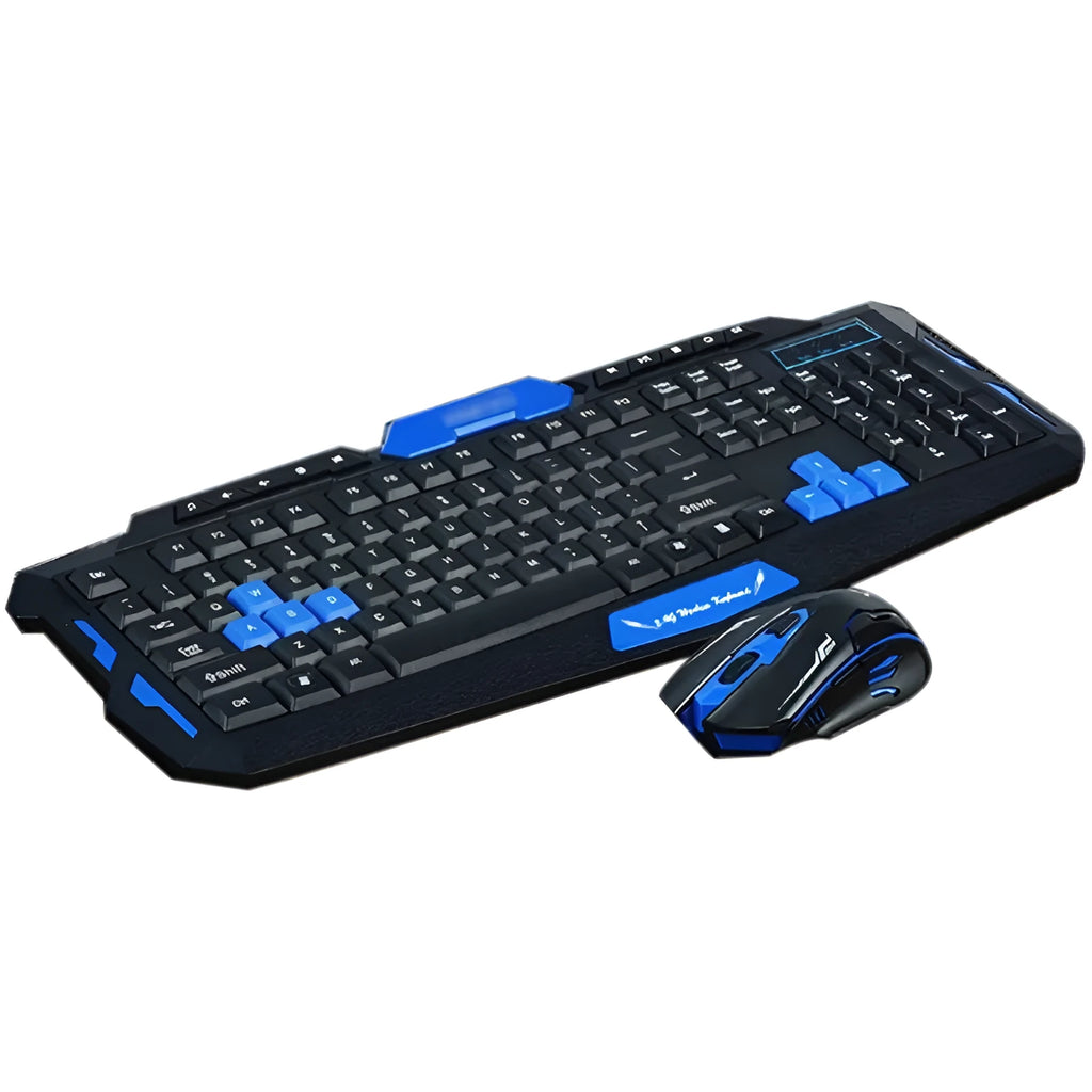 Black and blue wireless keyboard and mouse set showing 48cm keyboard with low-profile keys and gaming mouse with three buttons