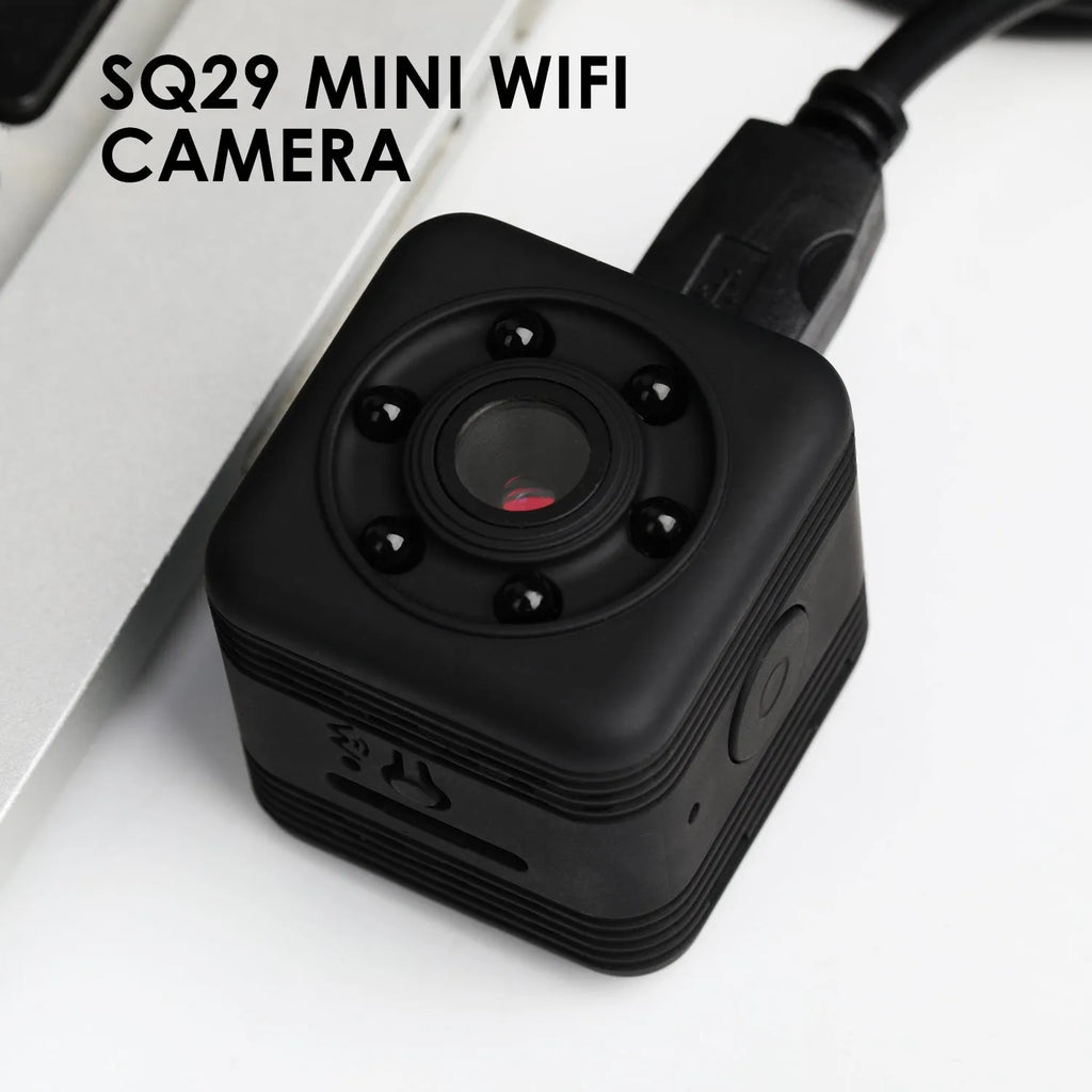 SQ29 black waterproof sports camera with MicroUSB port and TF card slot for action recording.