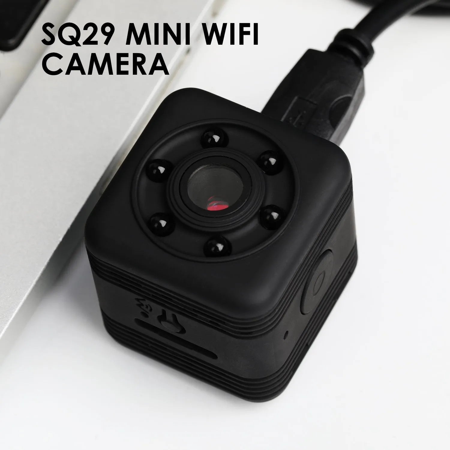 SQ29 black waterproof sports camera with MicroUSB port and TF card slot for action recording.