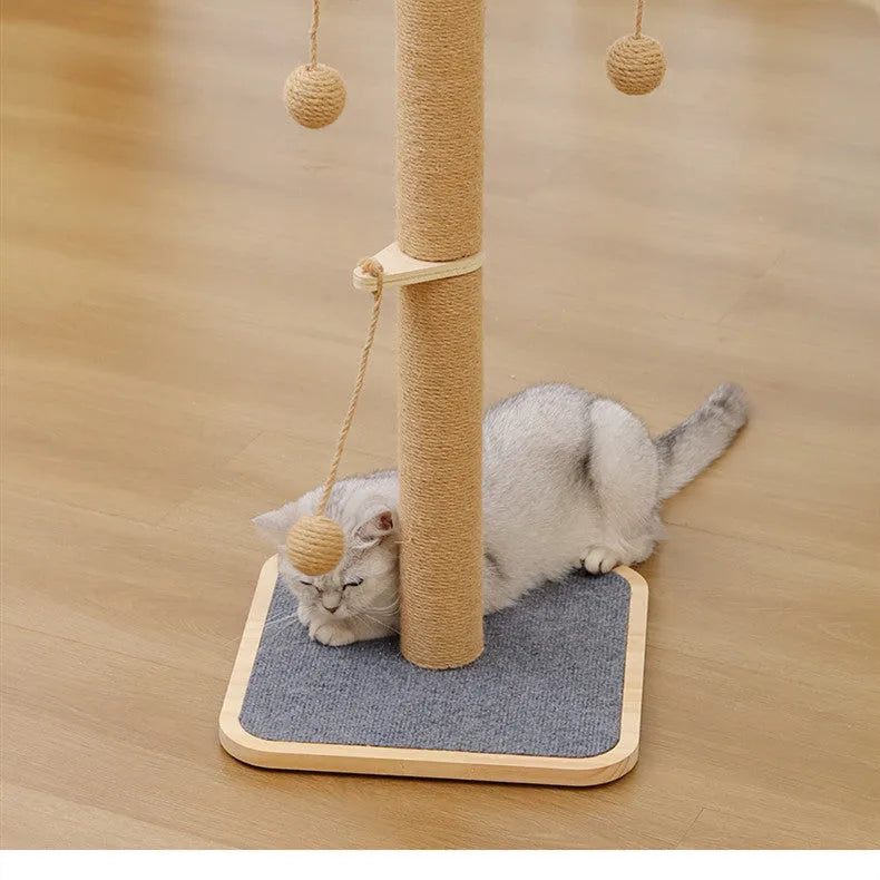 Scratch-resistant cat climbing frame toy with hanging ball, made from pine wood and carpet leather.