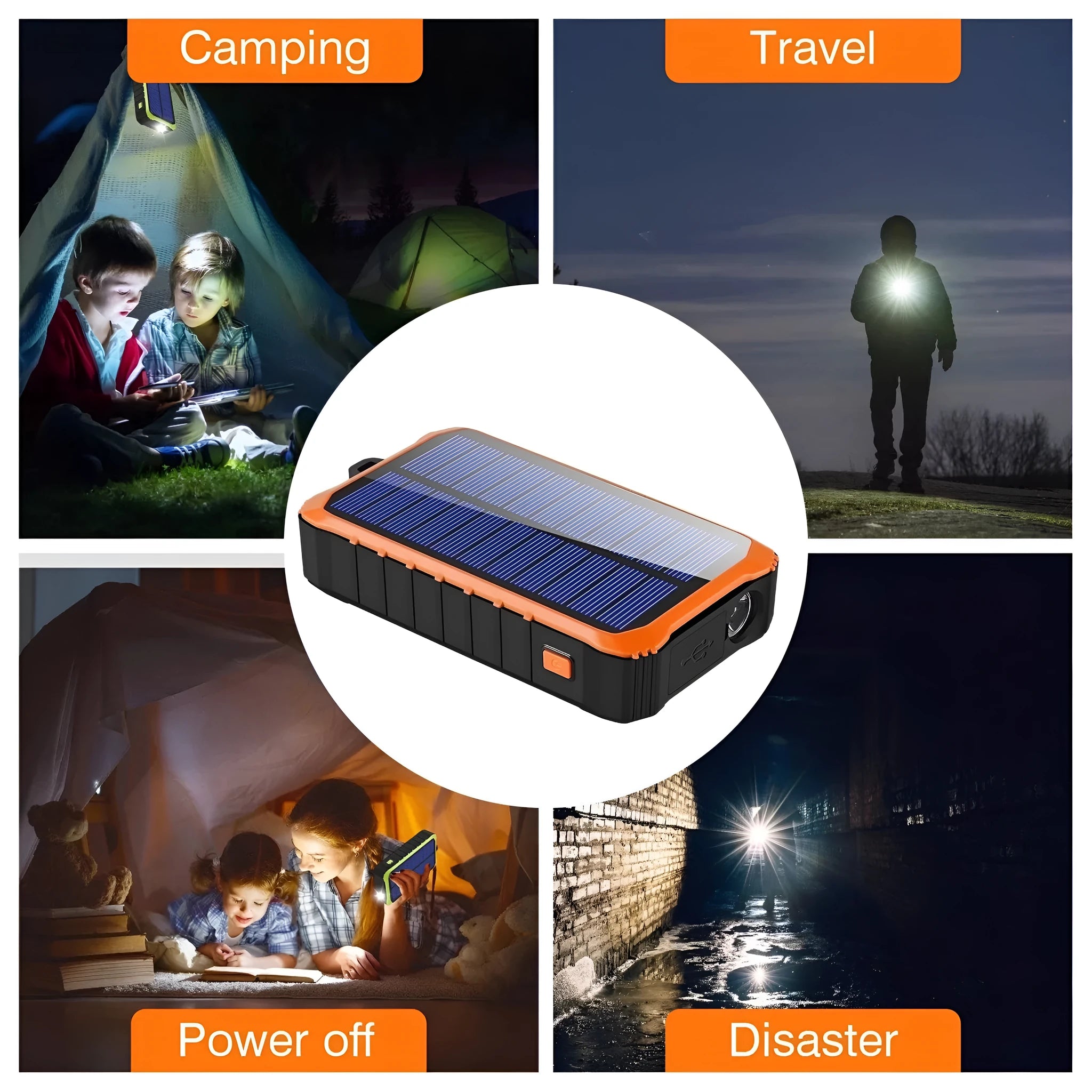 Orange and green solar hand power bank with 12000mAh capacity showing dual USB ports and hand crank
