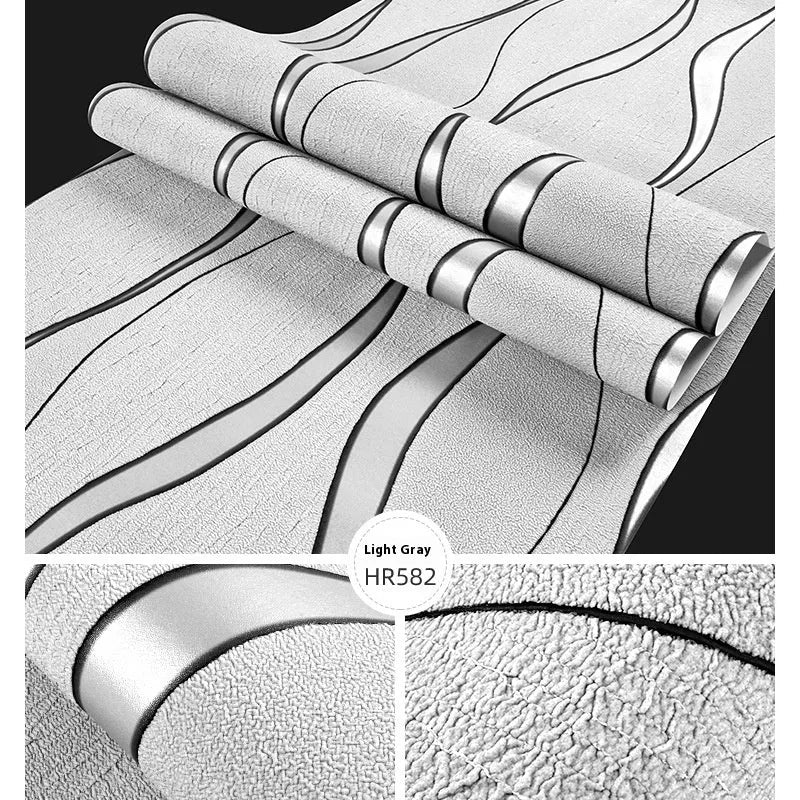 Close-up of dark brown curve stripe 3D velvet texture decorative wallpaper roll