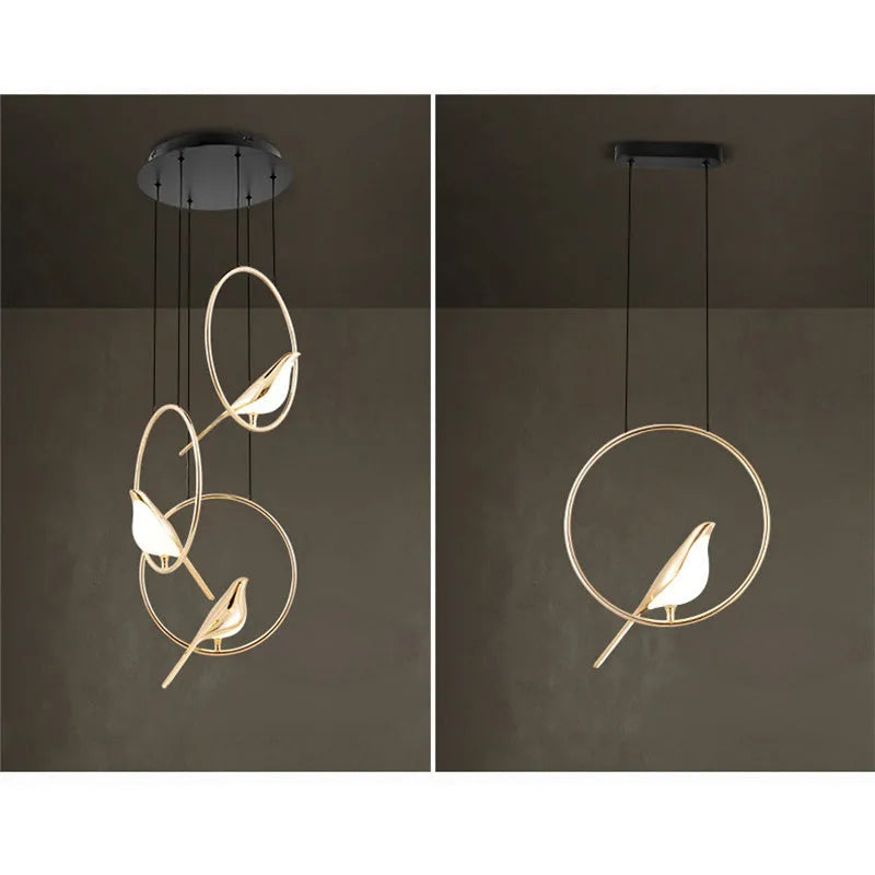 Modern minimalist magpie bird chandelier with zinc alloy and acrylic construction measuring 150cm height