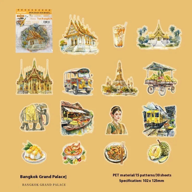 Holiday Journey Series architecture journal stickers with retro illustrations of seven famous landmarks