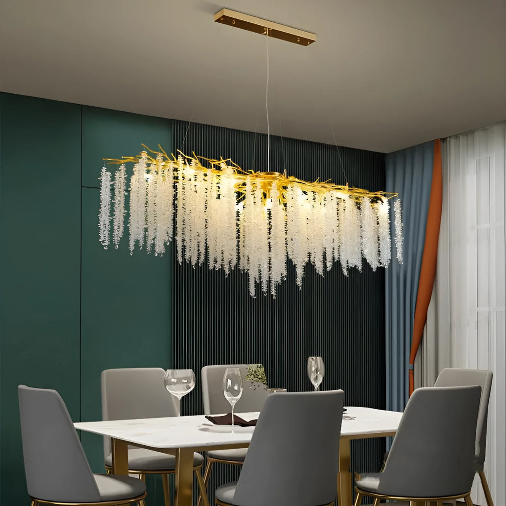 Crystal chandelier light with aluminium alloy body and LED illumination in multiple size configurations