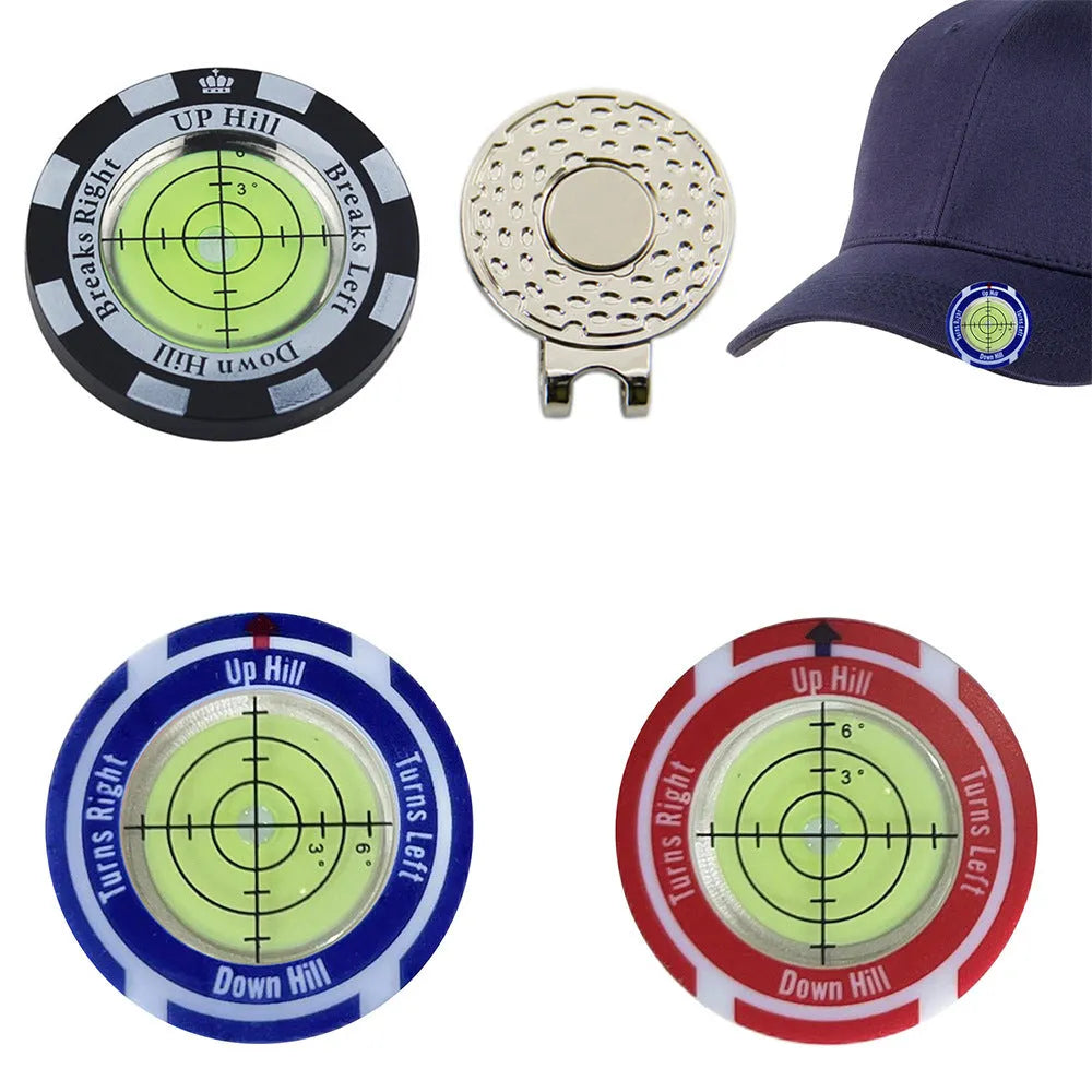 Golf Level measurement tool with hat clip, spirit level vial, and position mark for putting alignment