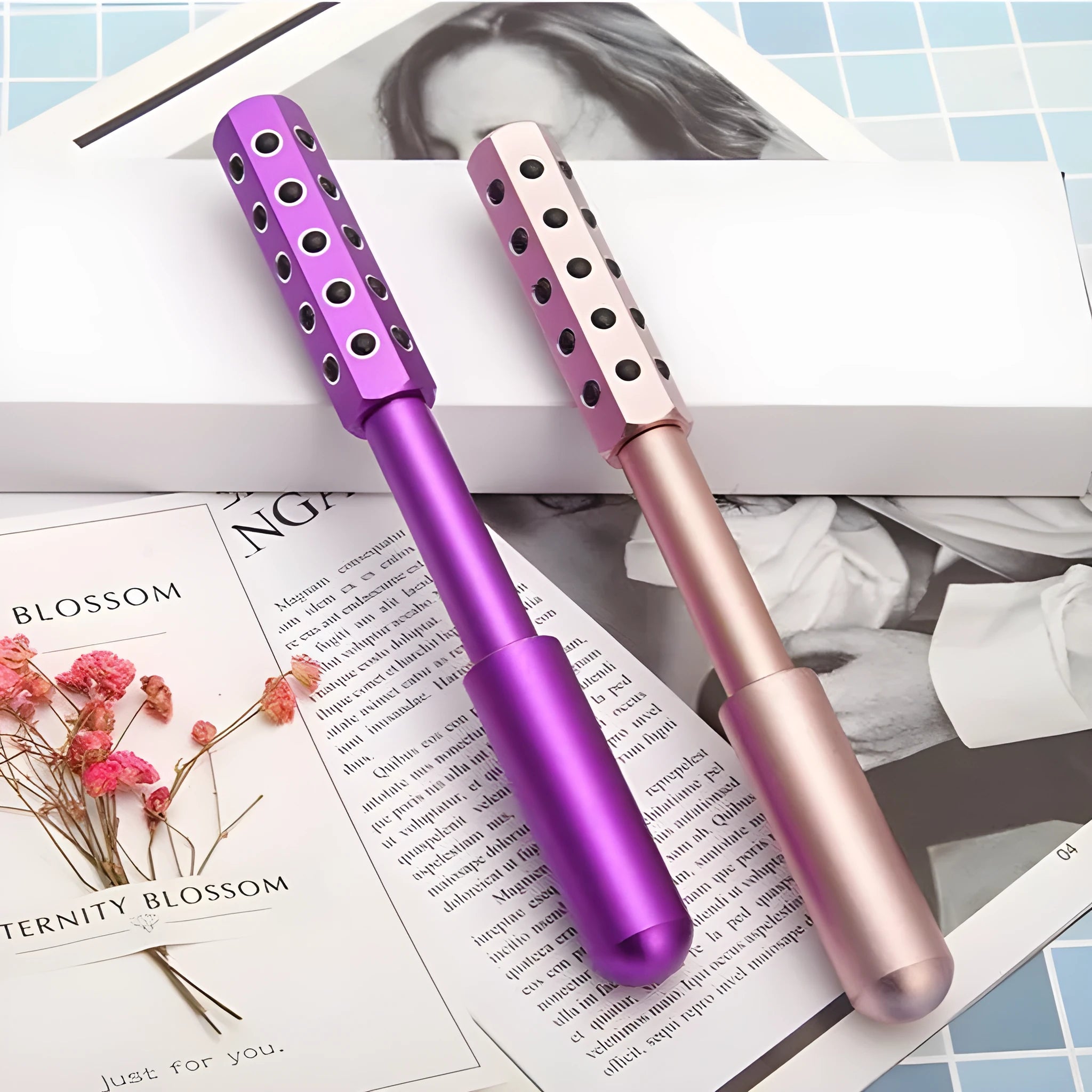 Purple germanium particles facial massage roller with 24 stone spheres