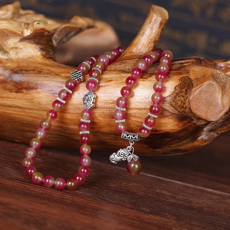 Handmade watermelon crystal bracelet with Chinese knot and elephant beads in 6mm or 8mm size.