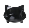 Black shallow melamine cat food bowl with non-slip rubber base on a white background.