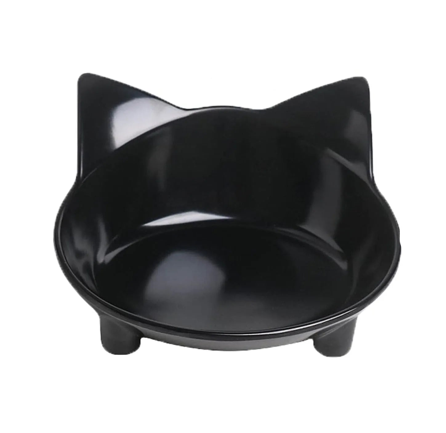 Black shallow melamine cat food bowl with non-slip rubber base on a white background.