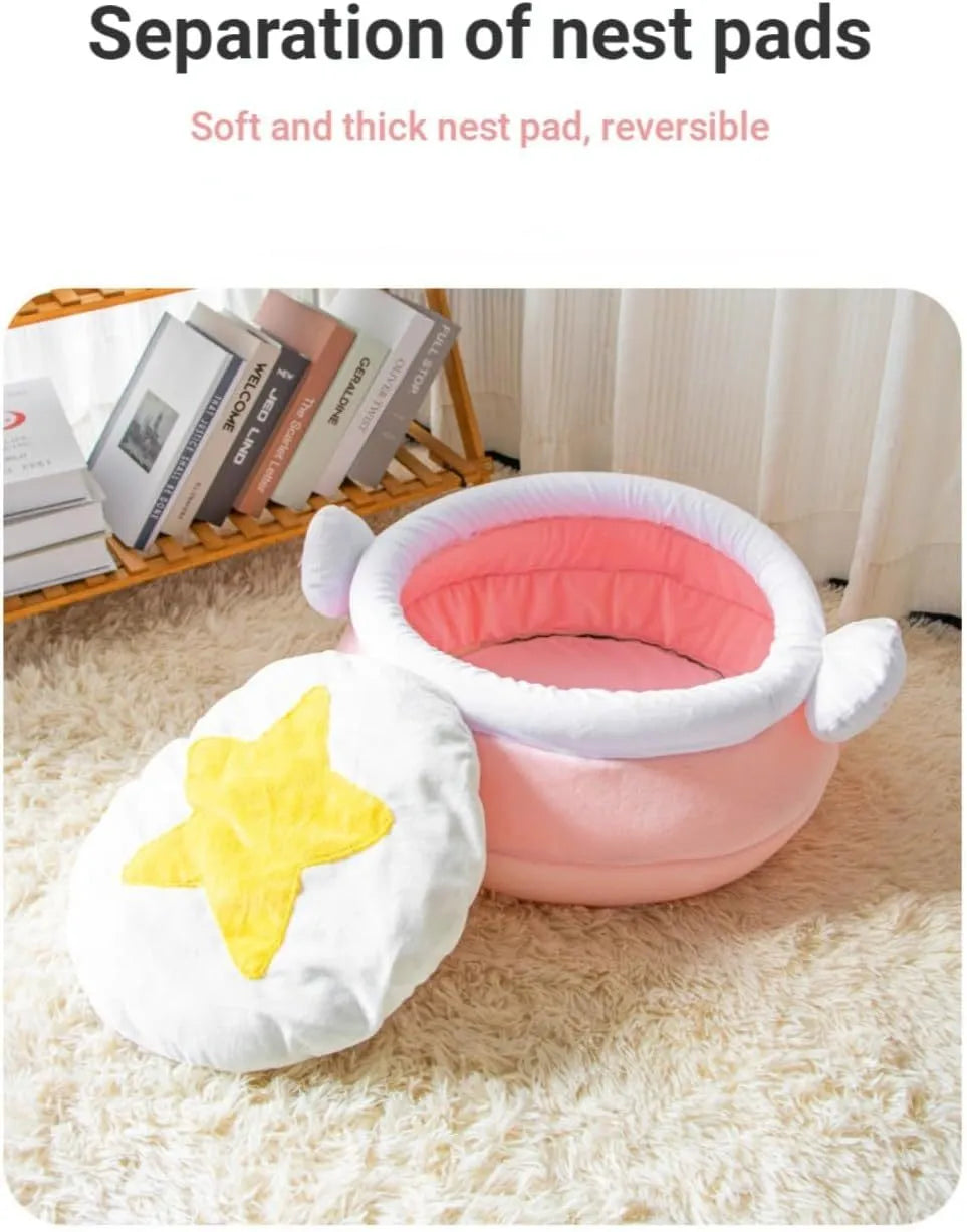 Pink honey pot-shaped cat sofa bed with a soft, removable grey nest pad inside.