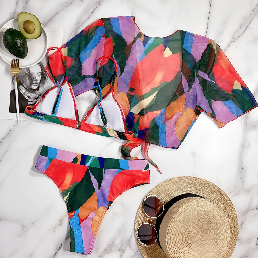 Red women's printed split swimsuit with European style pattern for swimming and water sports