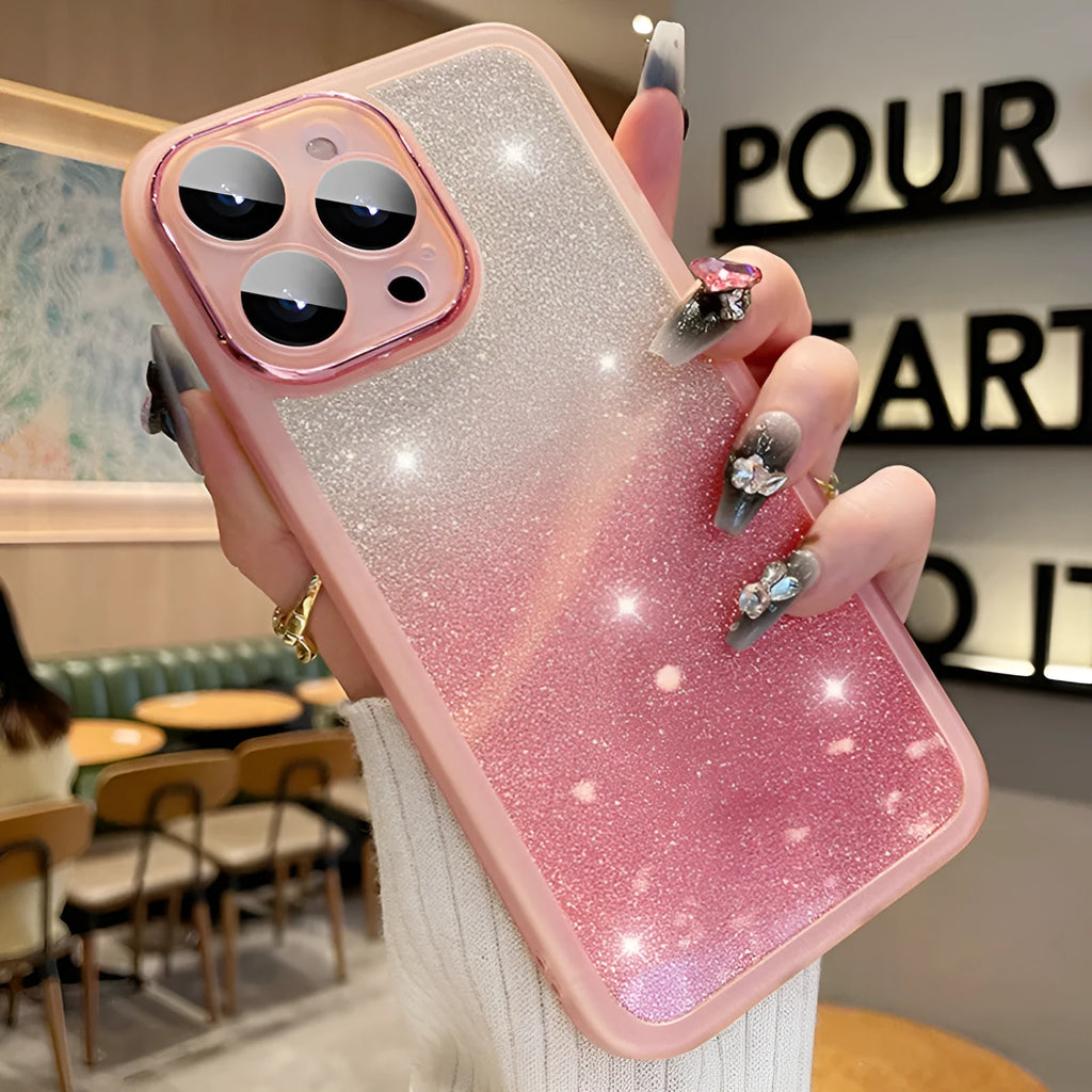 Ultra-thin glitter gradient magnetic phone case for iPhone on a table, showing silver colour shift.