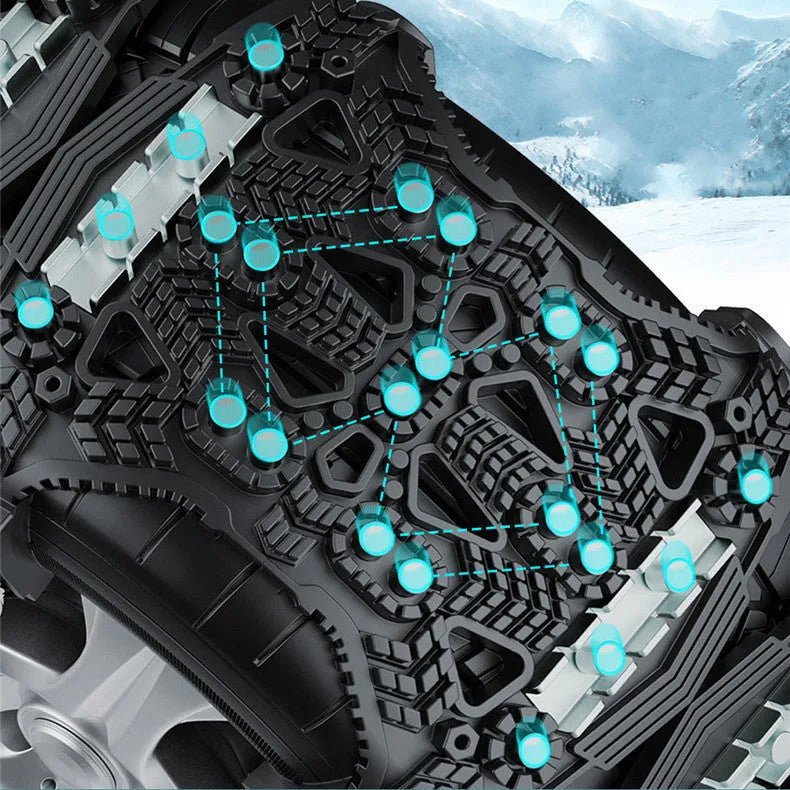 Universal snow chain kit with steel plates, tools, and winter accessories for cars and SUVs