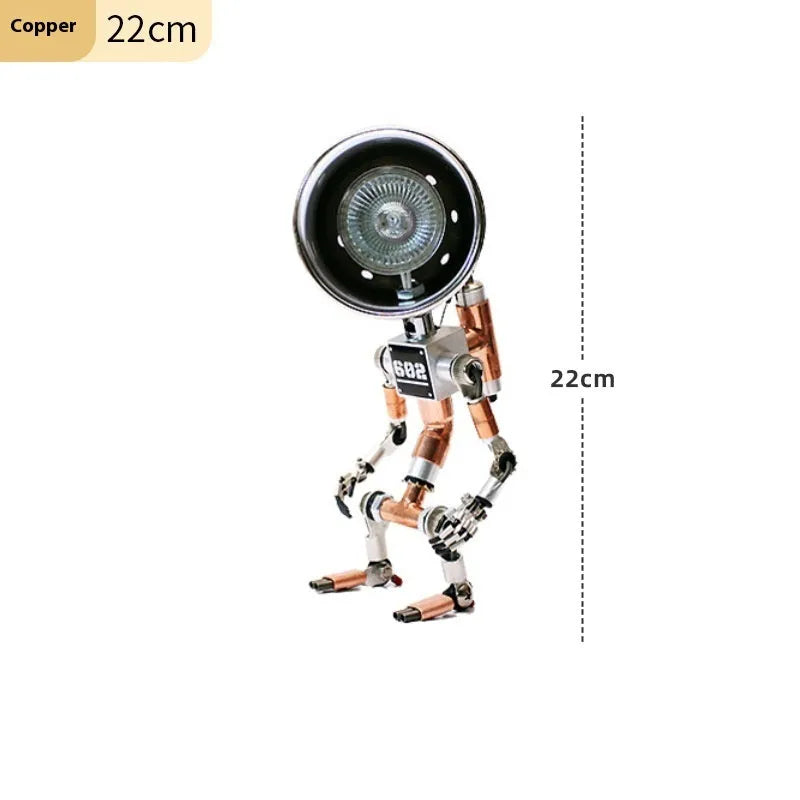 Silver and copper robot-shaped desk lamp with custom graphics in 22cm and 29cm sizes.