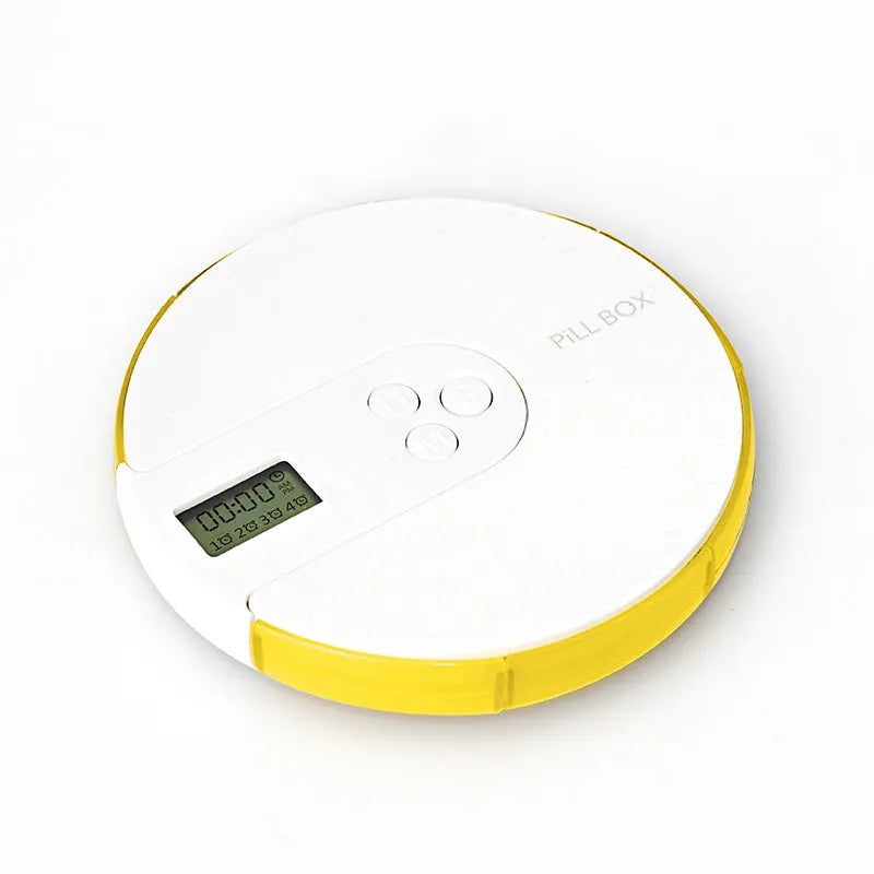 Seven-compartment electronic pill dispenser with alarm clock display, shown in multiple colour options.
