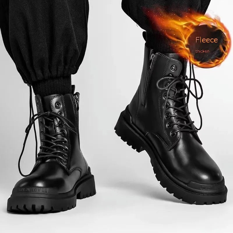 Men's black mid-top waterproof leather-style boots with a flat rubber sole