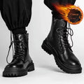 Men's black mid-top waterproof leather-style boots with a flat rubber sole