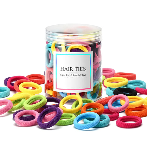 100 multicolour seamless cotton toddler hair ties in small jar packaging