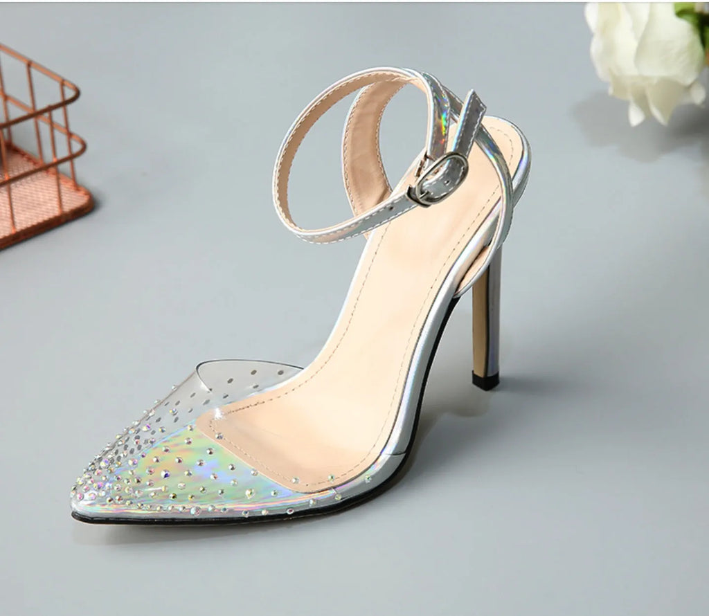 Women's pointed toe sandals with stiletto heel and diamond decoration on PVC upper