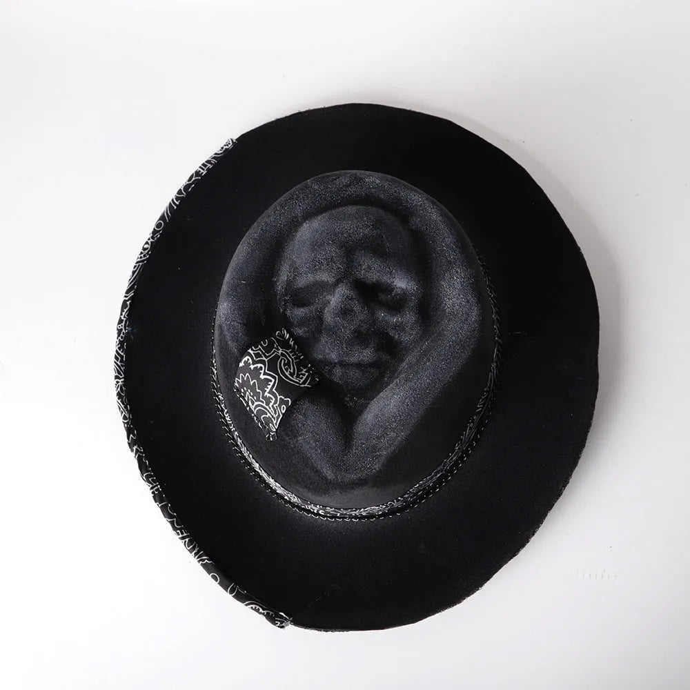 Handmade wool felt and denim Halloween skull hat with conical crown design