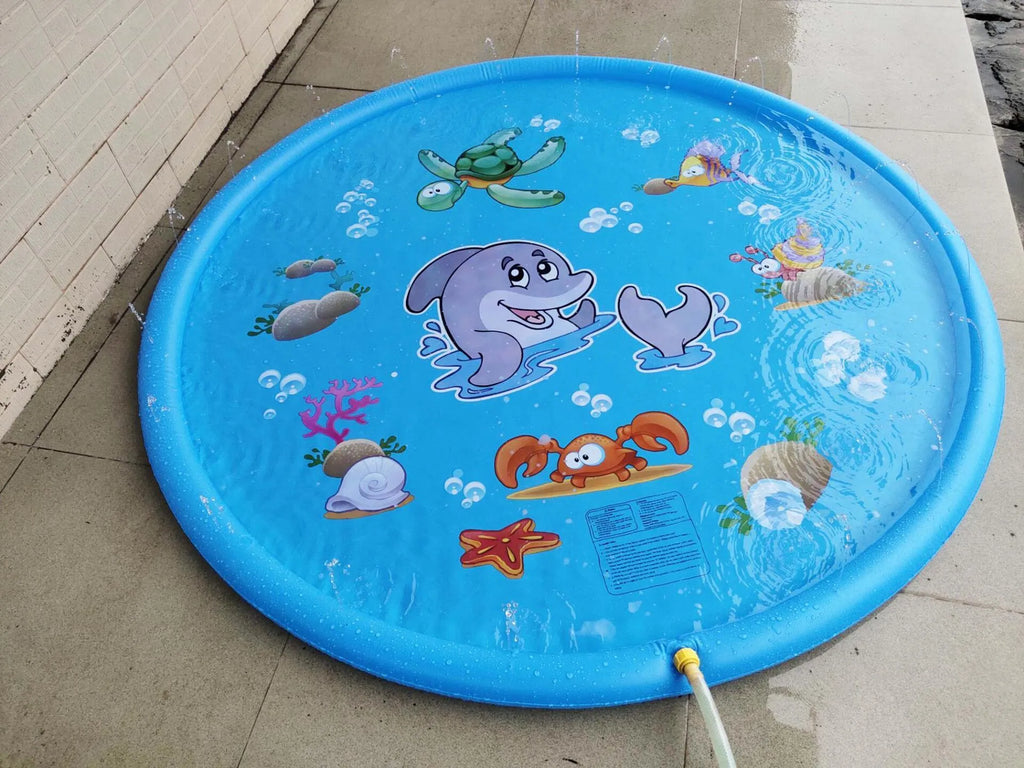 Blue PVC children's water spray mat with marine animals design for outdoor play