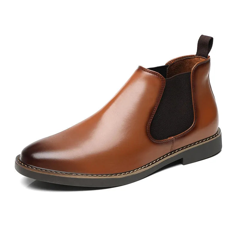 Men's black formal leather ankle boots with pointed toe and square heel on white background