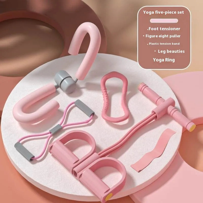 Yoga four-piece set showing leg beauty device, yoga ring, pedal tension device and figure-eight tension rope for home fitness