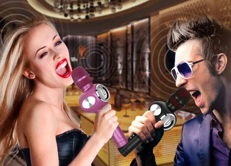 Yaerjia E108 wireless karaoke microphone with integrated speaker in black, gold, or pink colour.