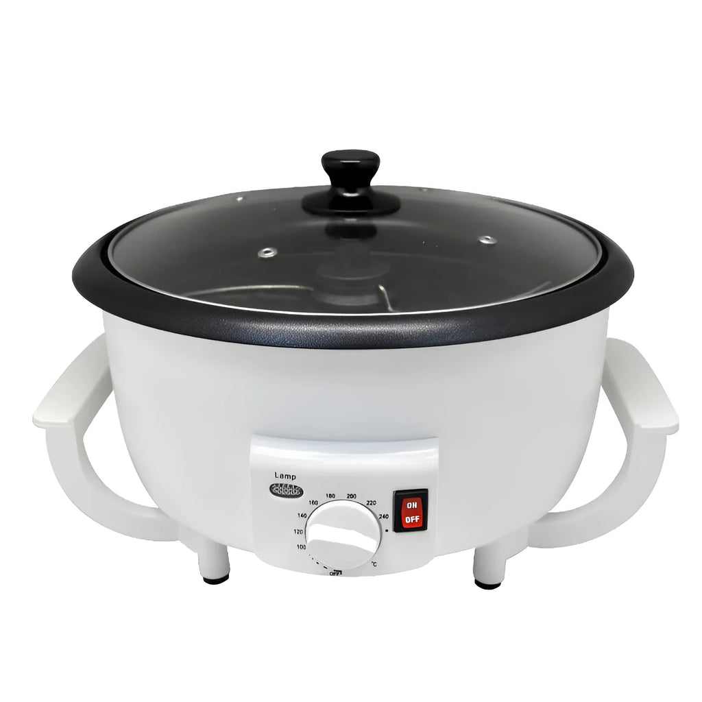 White oblate-shaped home coffee bean roasting machine with 750g capacity.