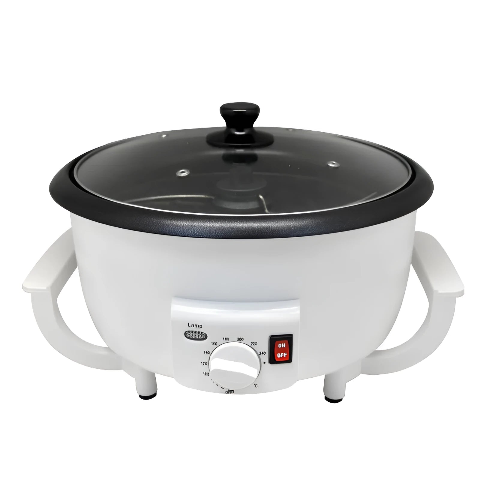 White oblate-shaped home coffee bean roasting machine with 750g capacity.
