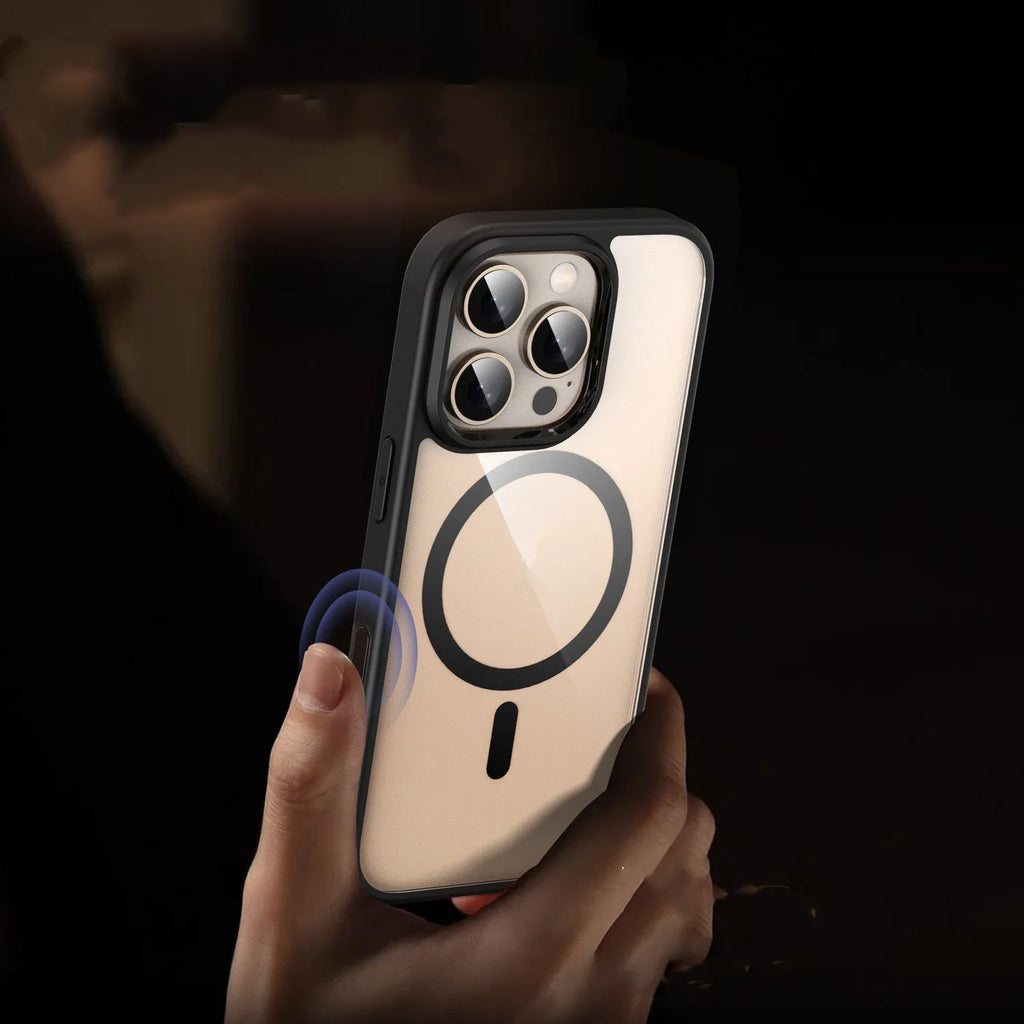 Black transparent magnetic phone case for iPhone 16 models showing magnetic ring and protective edges