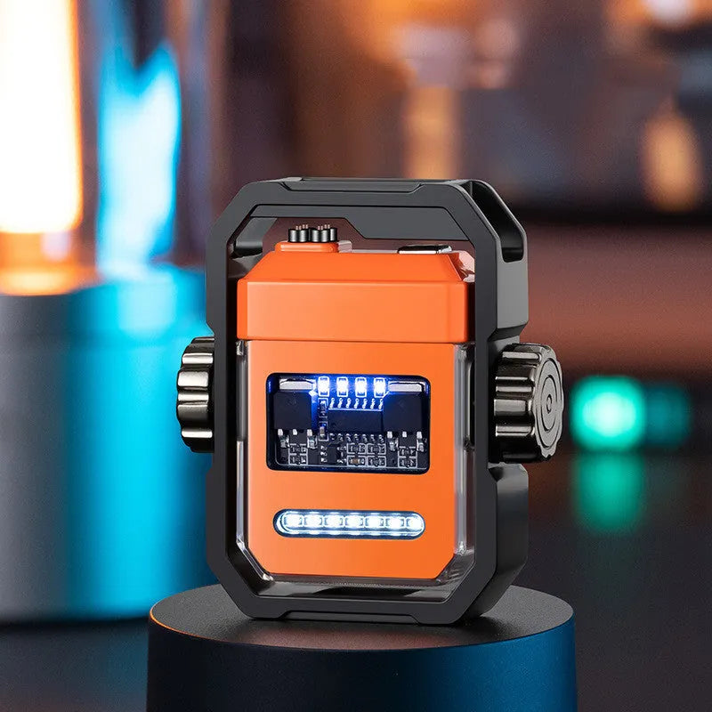 Windproof double arc electric lighter with mechanical gyroscope in zinc alloy construction showing folding design