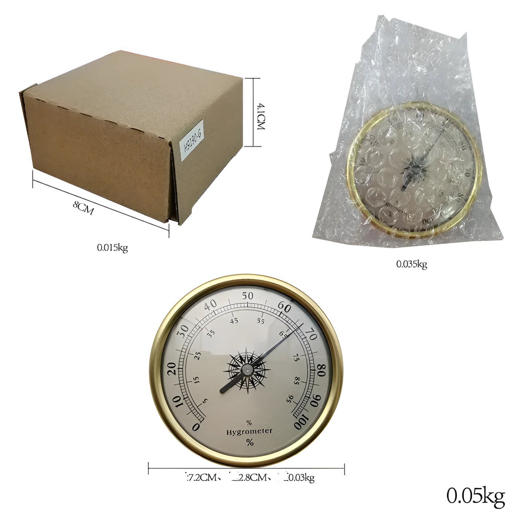 Aluminium analogue thermometer and hygrometer with circular dial for temperature and humidity