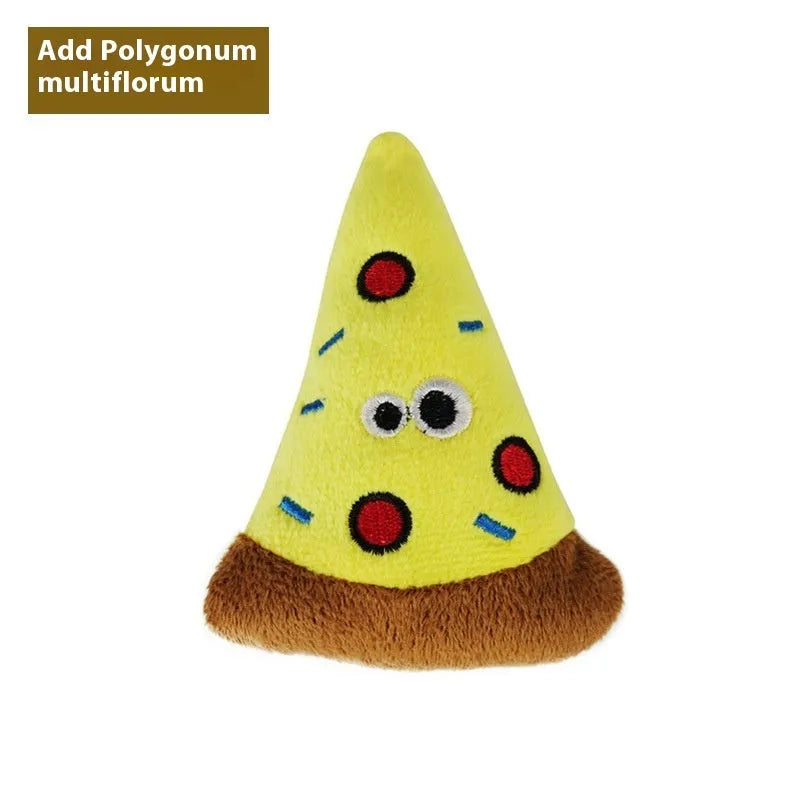 Six catnip plush toys shaped like burrito, cone, cucumber, mushroom, pineapple, and pizza for feline chewing play