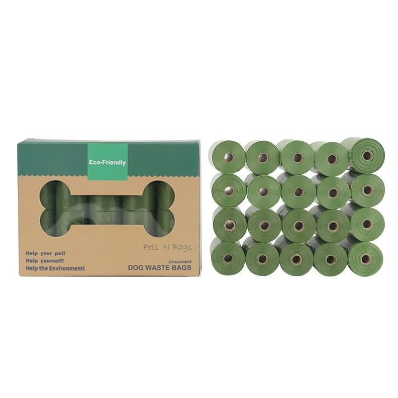 Roll of EPI degradable, thickened pet waste bags in green, shown with a lavender scent or unscented label option.