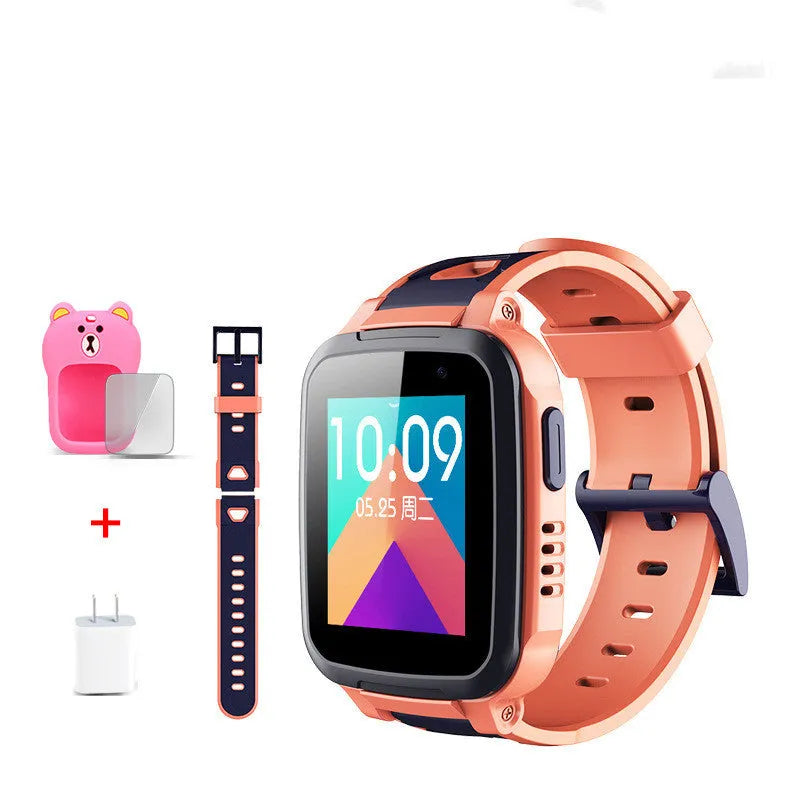 360 SE5 blue children's waterproof phone watch with stainless steel wristband on a wrist.