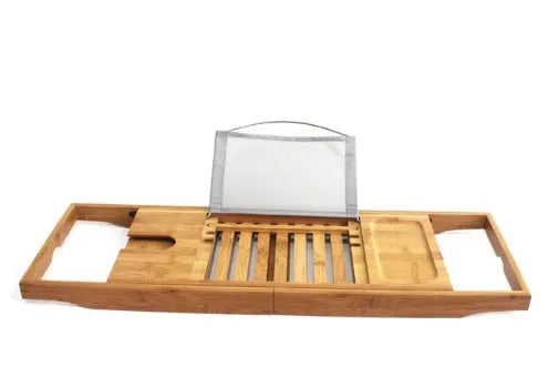 Bamboo bathtub frame desktop organiser for bathroom storage with single-tier shelving