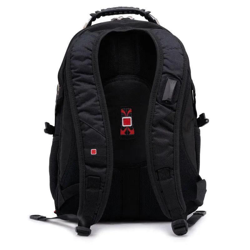 Black business computer backpack open to show three compartments and laptop sleeve