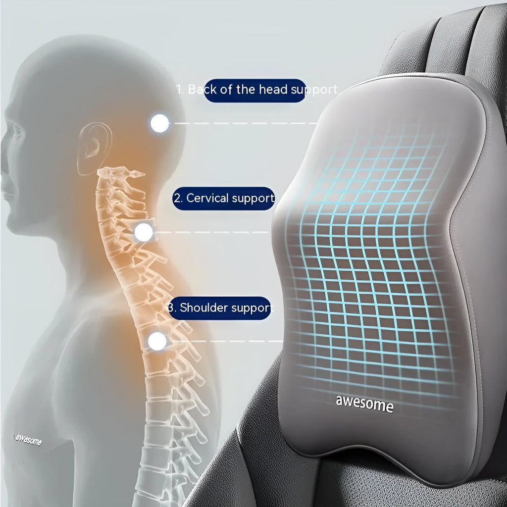 Memory foam automotive headrest pillow and lumbar support pillow set shown in one of four solid colour options.