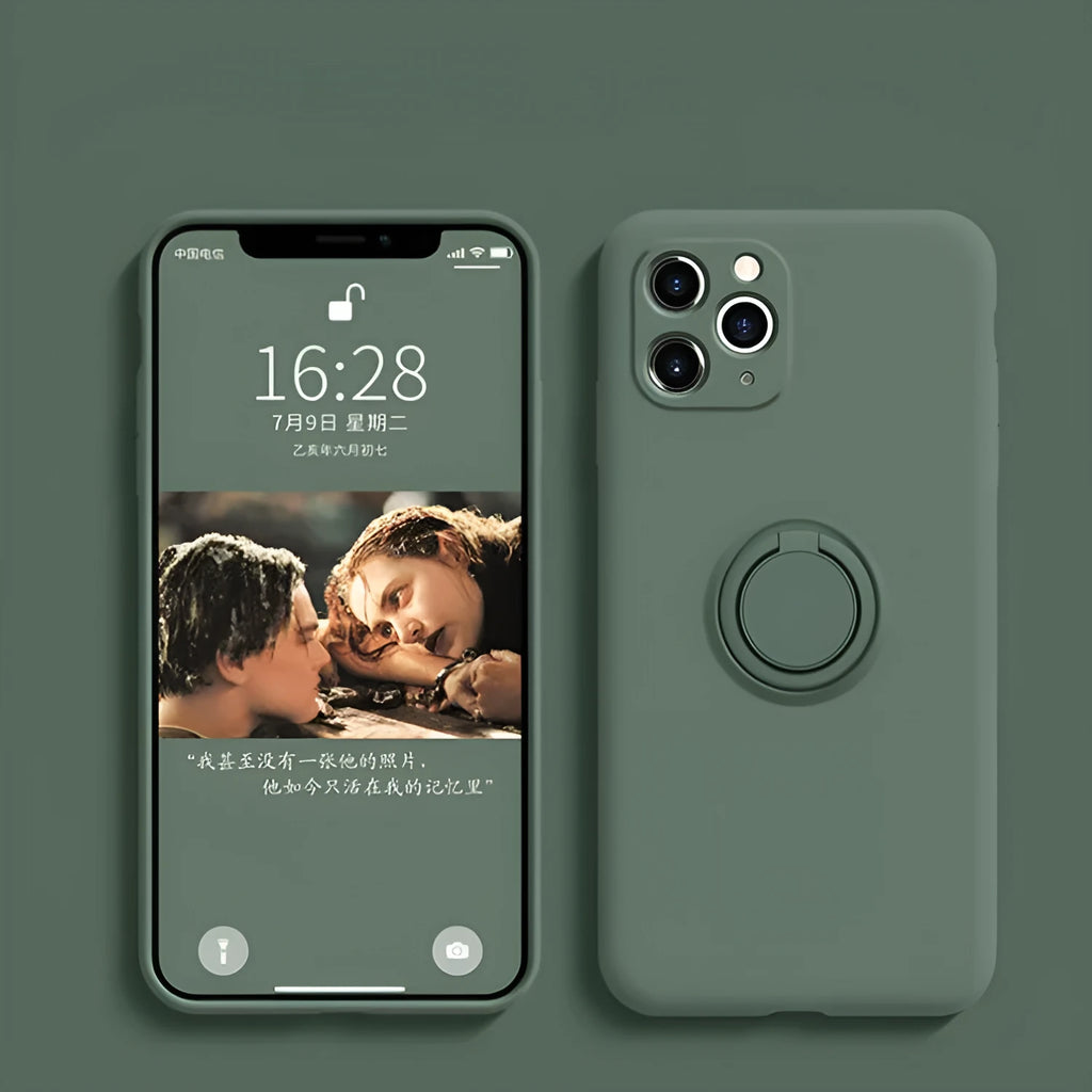 Liquid silicone iPhone case with built-in ring bracket in multiple colour options