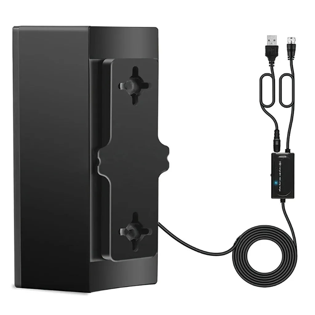 Black plastic indoor digital television antenna with mounting accessories.