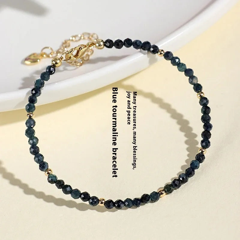 Blue tourmaline 3mm bead bracelet with spacer design for women's jewellery