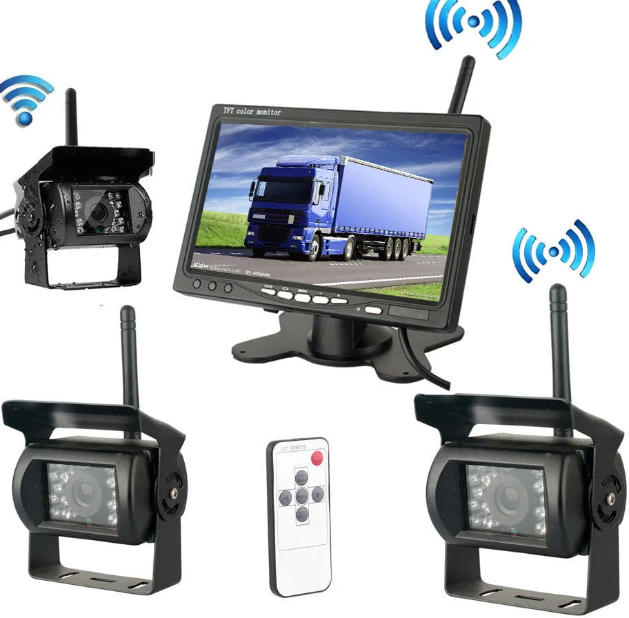 7 inch wireless reversing monitor with four cameras, 16:9 TFT LCD, black plastic housing 175 x 115 x 20 mm