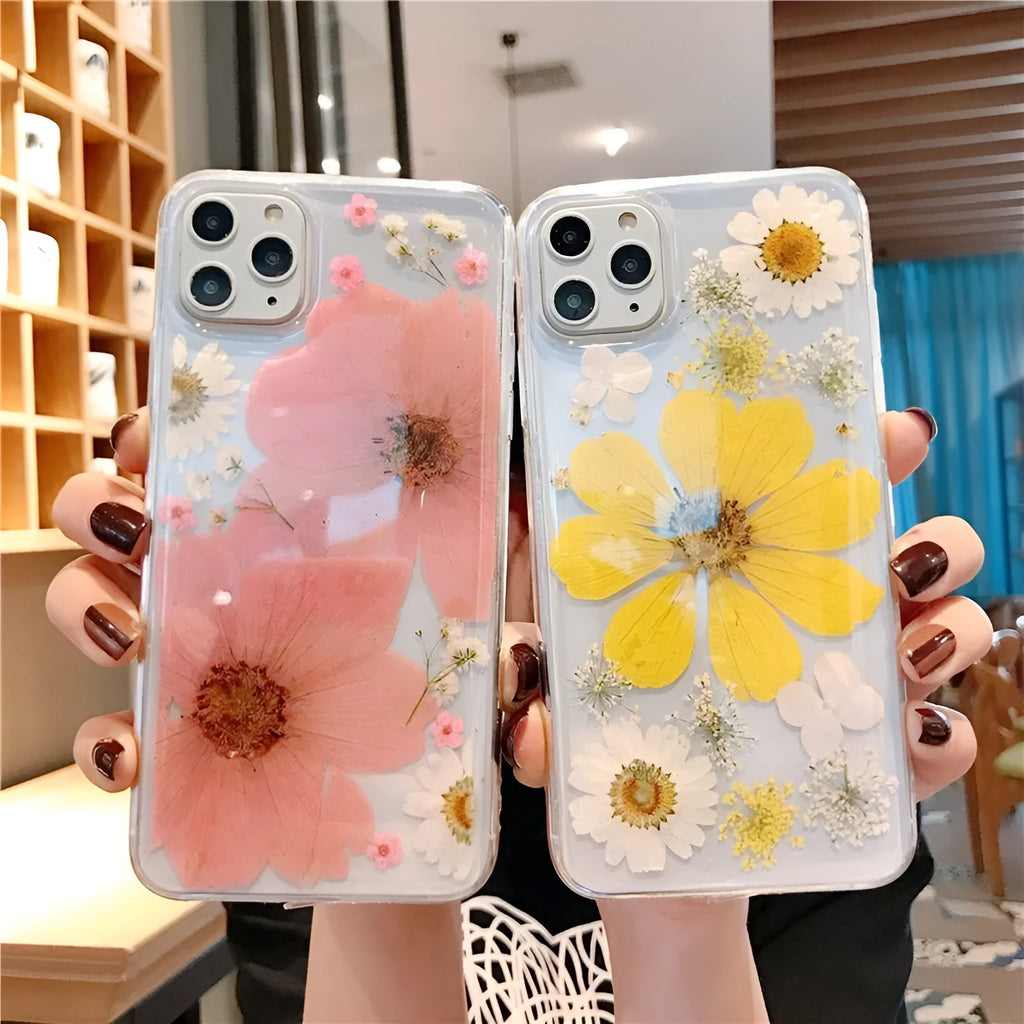 Floral TPU phone case with large pink or yellow flower pattern for iPhone models