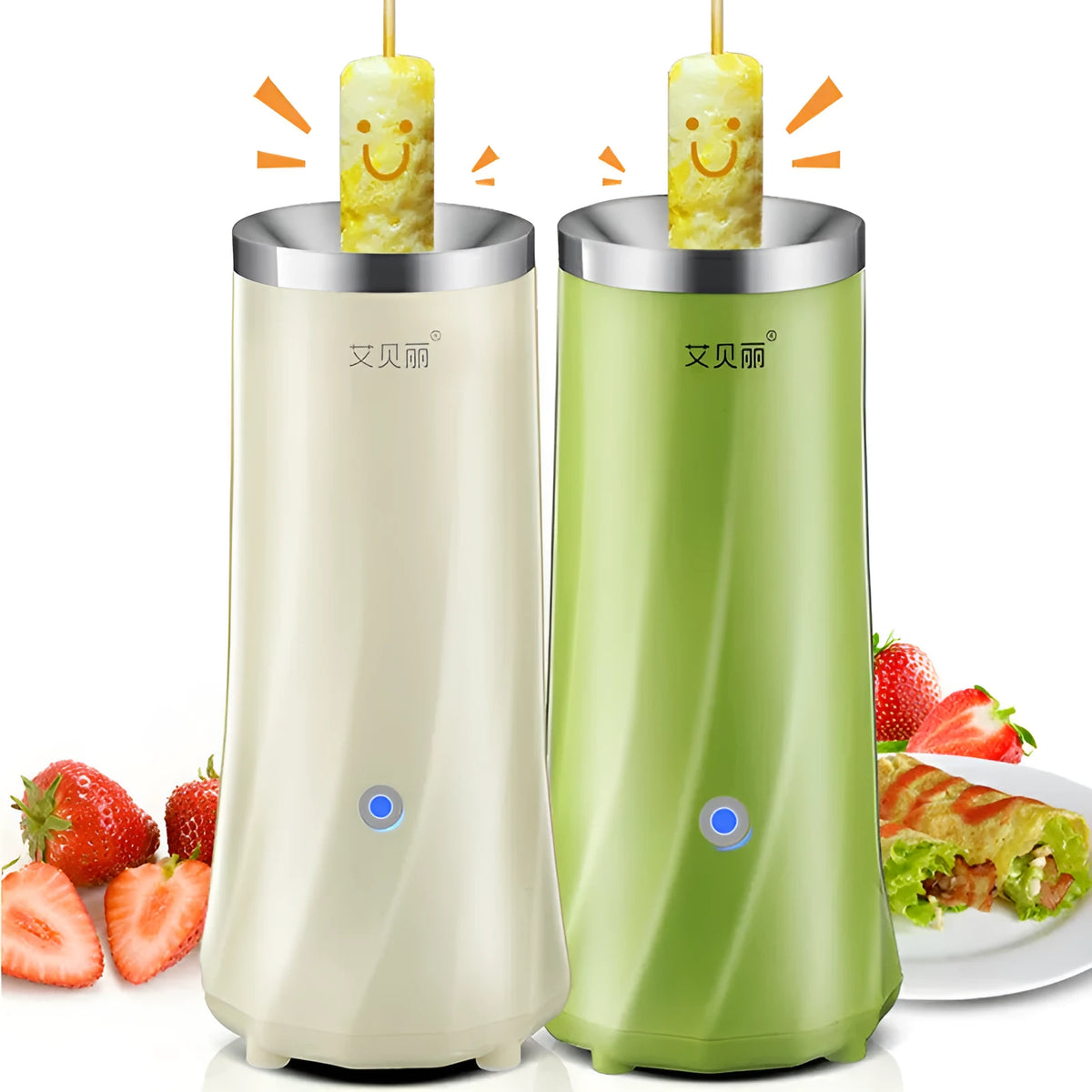 Compact beige and green automatic breakfast machine on kitchen countertop